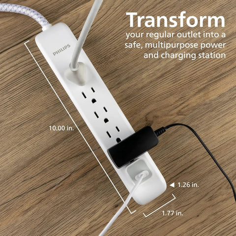 Six Outlet Surge Protector Power Strip With Braided Four Foot Cord, Flat Plug, Wall Mount Design, 720 Joules, ETL Safety Certified, White, Perfect For Home Office, Dorm Rooms, And Tech Setups