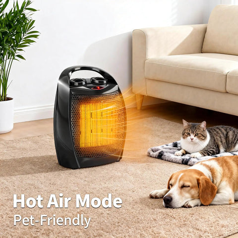 Portable 1500W/750W Ceramic Space Heater With PTC Quick Heat Delivers Warm Air In 2 Seconds Two Heat Settings Black in living room with pets