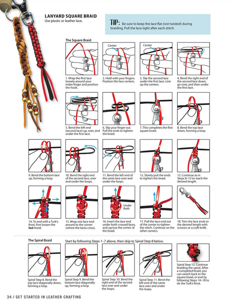 Page from 'Leather Crafting Starter Guide With Step By Step Techniques For Beginners Includes Pattern Prep Tools Stamps Embossing Stitching Braiding Finishes And Project Ideas To Kickstart Your Handmade Leather Journey' showing lanyard square braid instructions.