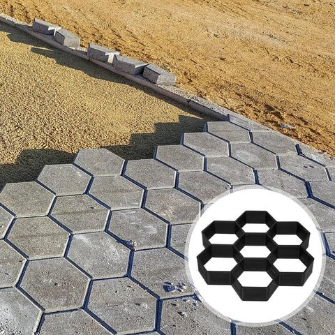 Three Piece Walkway Paving Molds Hexagon Stone Concrete Path Kit For DIY Garden Paths Patio Stones Lawn Pavers Paving Tool Set For Easy Walkways And Outdoor Decor shown in use for patio installation with hexagon pattern.