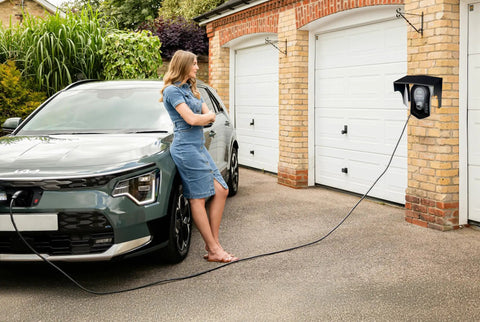 Woman standing near a parked electric vehicle with an EV Charger Protective Cover Heavy Duty Rust Proof Steel Shell Weatherproof Enclosure.