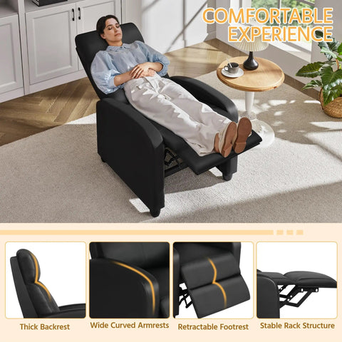 Comfy PU Leather Recliner Chair For Home Theater Seating With Lumbar Support in living room, person reclining in overstuffed chair