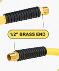 Close-up of 1/2 Inch heavy duty brass end of Heavy Duty 1/2 Inch By 50 Foot Hybrid Air Compressor Hose with bend restrictors.