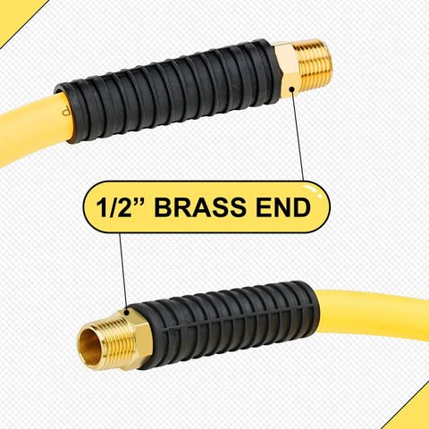 Close-up of 1/2 Inch heavy duty brass end of Heavy Duty 1/2 Inch By 50 Foot Hybrid Air Compressor Hose with bend restrictors.
