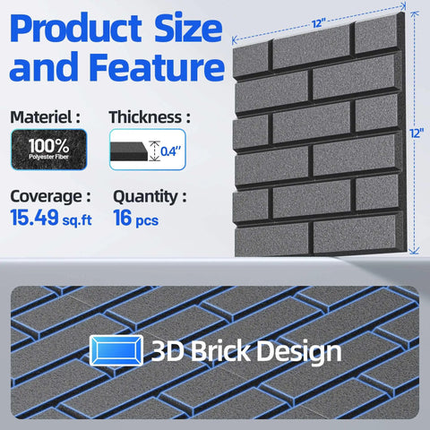 Game Changing High Density Self Adhesive Acoustic Panels And Sound Proof Foam Wall Tiles in 12x12 inch size with 3D brick design.