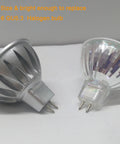 Two 5W MR16 LED bulbs 12V low voltage GU5.3 replacing halogen, non-dimmable with soft warm white light, close-up view