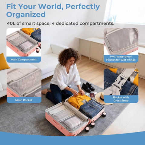 20 Inch Ride On Luggage for Kids and Adults with Safe Seat open, showing compartments and clothing, hardside carry on case
