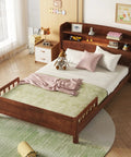 Solid Pine Wood Bed With Bookcase Headboard And Walnut Finish, Built In LED Motion Sensor Light, cozy bedroom display