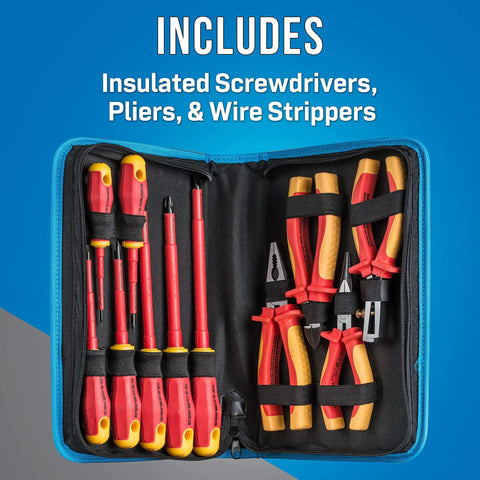 11 Piece Insulated Tool Kit With Phillips 1, 2, And 3 Drivers, Slotted Drivers, Insulated Pliers, And Wire Stripper For Electrical Work