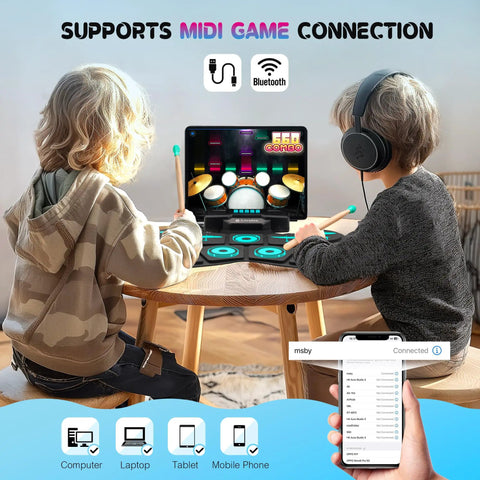 Children playing 9 Pad Electronic Drum Set With Dual Speakers Portable MIDI Practice Kit For Beginners at a table with devices.