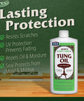 Image of Hope's 100% Pure Tung Oil bottle, 16 fl oz, with text highlighting features like UV protection, oil repellence, and scratch resistance.