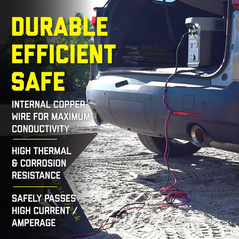 MC4 Solar Panel To Portable Power Station Adapter Cable in use, connected to car for charging, showcasing durability and safety.