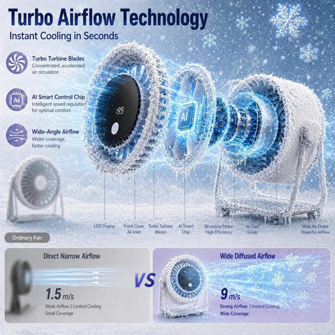 Illustration of Chill Portable Desk Fan with 199 Speed Settings showcasing turbo airflow technology and AI smart control chip.