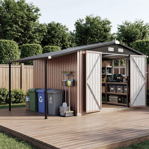 6x10 Ft Outdoor Storage Shed With Open Firewood Storage And Lockable Doors Built To Last Galvanized Steel Garden Shed With Sloped Roof And Windows