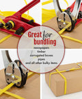 Heavy Duty Handheld Manual Strapping Tensioner And Cutter Windlass Tool Built Tough As Nails For Top Shelf One Half To Three Quarters Inch Polyester Polypropylene Bands securing a cardboard box with yellow strapping.