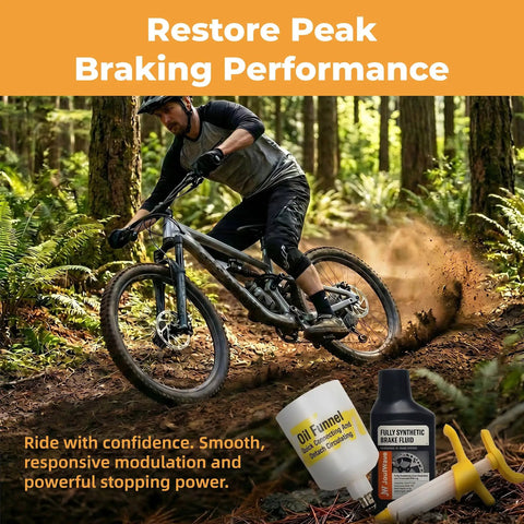 Mountain biker with Pro Grade Hydraulic Brake Bleed Kit With 150ml Mineral Oil And CNC Brass Adapters For Shimano Magura TEKTRO TRP