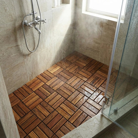 Teak Wood Interlocking Floor Tiles EZ Floor 12x12 Inch Pack Of 10 Solid Brown Indoor Outdoor DIY Installation in shower