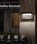 Weather resistant LED Illuminated Address Plaque With Solar Power For Home Exterior, 3000K warm white night visibility displayed.