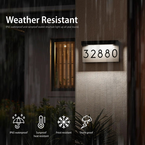 Weather resistant LED Illuminated Address Plaque With Solar Power For Home Exterior, 3000K warm white night visibility displayed.