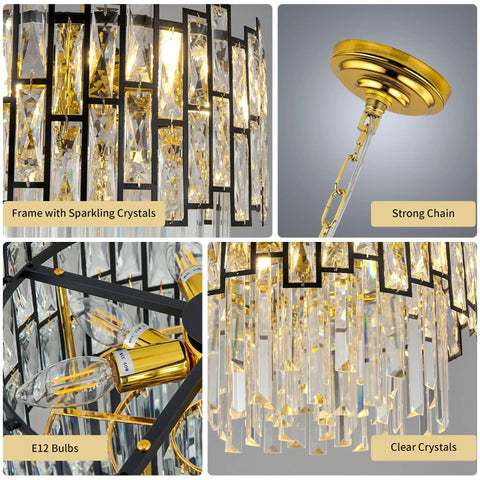 Modern Crystal Chandelier With Metal Frame And K9 Crystals, 6 Light Pendant Fixture details with strong chain and E12 bulbs