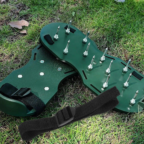 Close-up of Adjustable Garden Aerator Shoes Straps Eight Pack for Lawn Care Spiked Sandals on grass with extra nylon strap