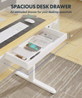 Electric Height Adjustable Standing Desk With USB Charging Port And Drawers, 48 Inch Maple Top White Frame, open storage drawer