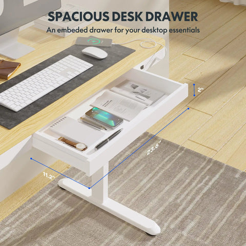 Electric Height Adjustable Standing Desk With USB Charging Port And Drawers, 48 Inch Maple Top White Frame, open storage drawer