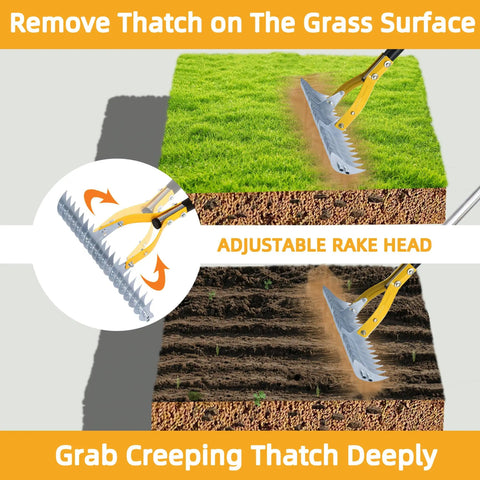 Thatch Rake 15 Inch Wide Dethatcher for cleaning dead grass and debris with adjustable steel tines on grass surface
