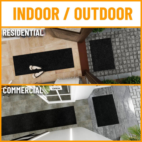 Non Slip Rug With Scrape Rib Pile For Indoor And Outdoor Use Durable Polyester That Traps Dirt Easy Clean Grippy Ultra Flat And Curl Resistant Black 2 Ft By 12 Ft shown in residential and commercial settings