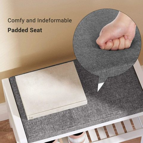 Comfy Cushioned Shoe Bench With Storage Shelf And Padded Seat, Heavy-Duty Entryway Organizer, gray padded seat close-up