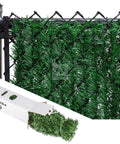 Heavy Duty Privacy Hedge Slats For Chain Link Fence No Fuss Outdoor Privacy Screen For Balcony Patio Yard And Garden Delivers Up To 90 Percent Blockage With Lush Hedge Look Ideal For Pets And Cozy Enclosed Spaces installed on a fence post showing lush green slats.