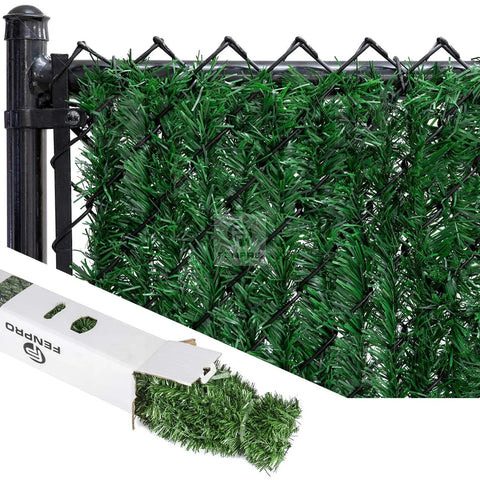 Heavy Duty Privacy Hedge Slats For Chain Link Fence No Fuss Outdoor Privacy Screen For Balcony Patio Yard And Garden Delivers Up To 90 Percent Blockage With Lush Hedge Look Ideal For Pets And Cozy Enclosed Spaces installed on a fence post showing lush green slats.