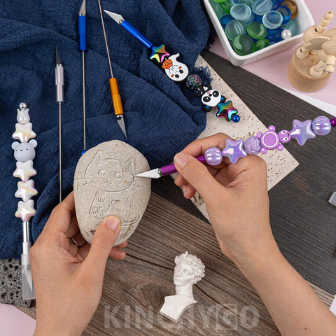Person using purple beaded letter opener from 12 Pack Beadable Letter Openers Set, Metal Beaded Envelope Openers With Plastic Protective Covers
