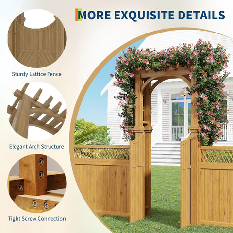 Wooden Garden Arbor With Gate And Trellis For Climbing Plants And Plant Stand Outdoor Arch Trellis Yard Decor Perfect For A Chill And Welcoming Backyard Entryway Easy Install shown with detailed features