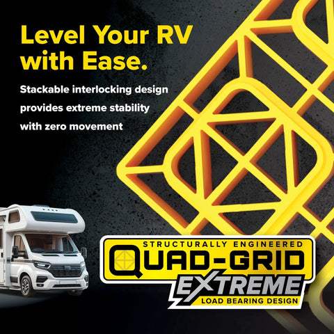 Built Tough Heavy Duty Polymer Rv Leveling Blocks 10 Pack With Quad Grid Traction for stable RV leveling on slopes.