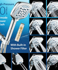 Collage of 4X High Pressure Handheld Showerhead With 10 Spray Modes And Built-In Chlorine Filter showcasing various spray settings.