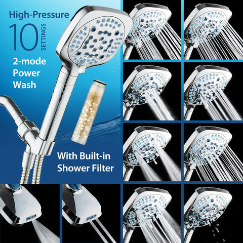 Collage of 4X High Pressure Handheld Showerhead With 10 Spray Modes And Built-In Chlorine Filter showcasing various spray settings.