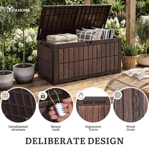 134 Gallon Waterproof Resin Outdoor Deck Box With Lock Doubles As Bench Seating For Patio Cushions Garden Tools And Pool Accessories No Fuss Heavy Duty Weather Ready Dark Brown Wood Grain Finish