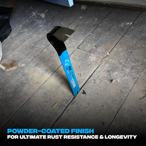 21 Inch Flat Pry Bar With Heat Treated Forged Steel Construction And Powder Coated Finish A Long Crowbar Tool On Wooden Floor