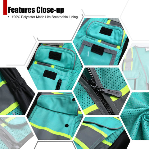 Close-up of High Visibility Peacock Mesh Safety Vest With Nine Pockets And Front Zipper For Women Meets ANSI ISEA Standards XL