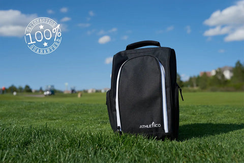 Golf Shoe Bag With Zippered Carrier And Ventilation External Pocket For Socks Tees And Accessories on grass