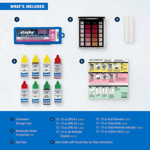 K-1004 DPD 6-In-1 Pool Test Kit Checks Free Chlorine Total Bromine pH And Acid Demand Fast Results In Tote contents displayed.