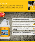 Heavy Duty Acrylic Concrete Adhesive Glue And Portland Cement Mortar Admixture With Freeze Thaw Resistance For Rock Solid Bonding And Heavy Hitter Performance One Gallon Pack in a jug on textured surface.