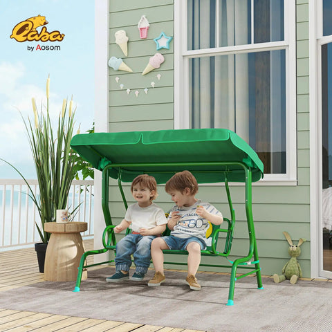 Kids Patio Swing 2-Seater Outdoor Swing Chair With Adjustable Canopy And Safety Belt Lion Pattern Hanging Swing Bench Yellow