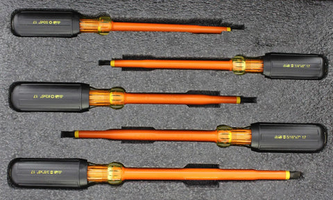 Pro Grade Insulated Screwdriver Set 9 Piece Orange Cushioned Grip Handles Slotted And Phillips Insulated Drivers For Electricians Durable Shafts Ideal For Electrical Work And DIY Projects displayed in case