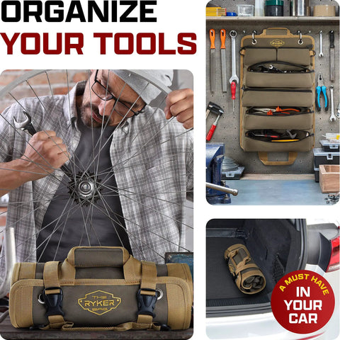 Roll Up Tool Bag Organizer For Dad Heavy Duty Motorcycle Tool Roll Bag With Detachable Pouches in use and displayed