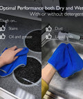 Using Premium Microfiber Cleaning Towels 16x16 12 Pack Yellow Reusable on a stovetop and sink, effective on stains and spills.