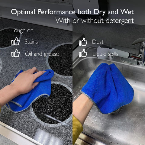 Using Premium Microfiber Cleaning Towels 16x16 12 Pack Yellow Reusable on a stovetop and sink, effective on stains and spills.