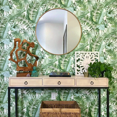 Tropical leaf wallpaper on living room wall. Maui Peel And Stick Wallpaper With Green Tropical Leaf Pattern Removable Contact Paper For Walls.