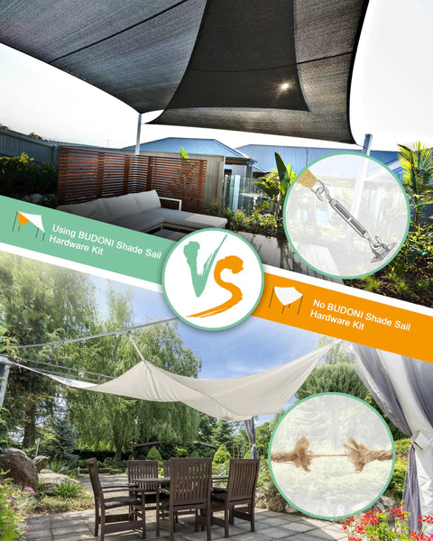 Comparison of a patio with and without Heavy Duty Shade Sail Hardware Kit With M6 Turnbuckles, Pad Eyes And Sun Shade Hooks, showing installation.
